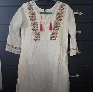 White Dress with Floral Embroidery and Tassels